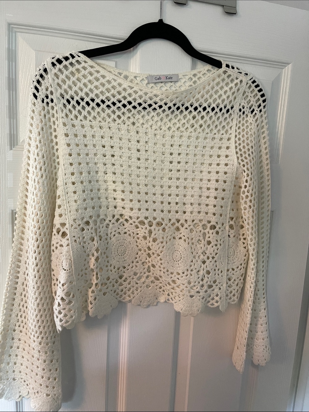 Women's Cream Crochet Knit Long-Sleeve Top